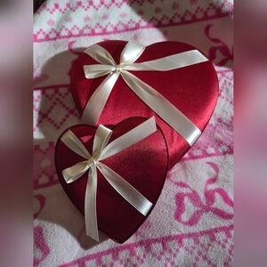 Red Satin Heart-Shaped Candy Boxes with White Ribbon - Set